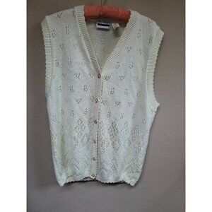 The Villager Womens Medium Vest Sweater Button Down V-Neck Perforated Ivory